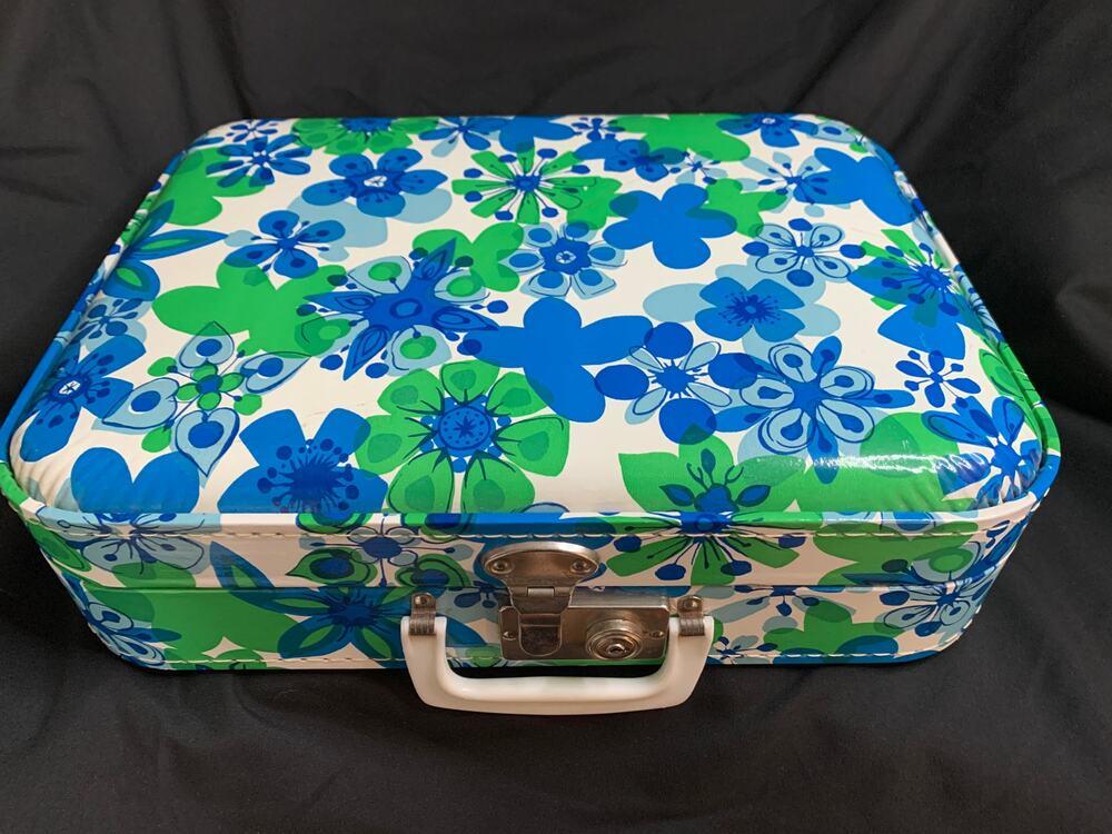 Vintage 1960s Flower Power Vinyl Train Case Blue Green Floral Vanity Suitcase